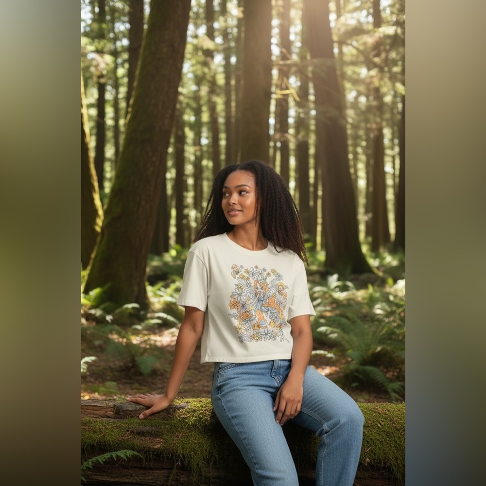 Cut & Paste Fairy in Mushroom Garden Tee, White/Cream, XL, EUC